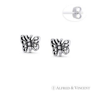 Rustic Butterfly Insect Charm Stud Earrings in Oxidized .925 Sterling Silver